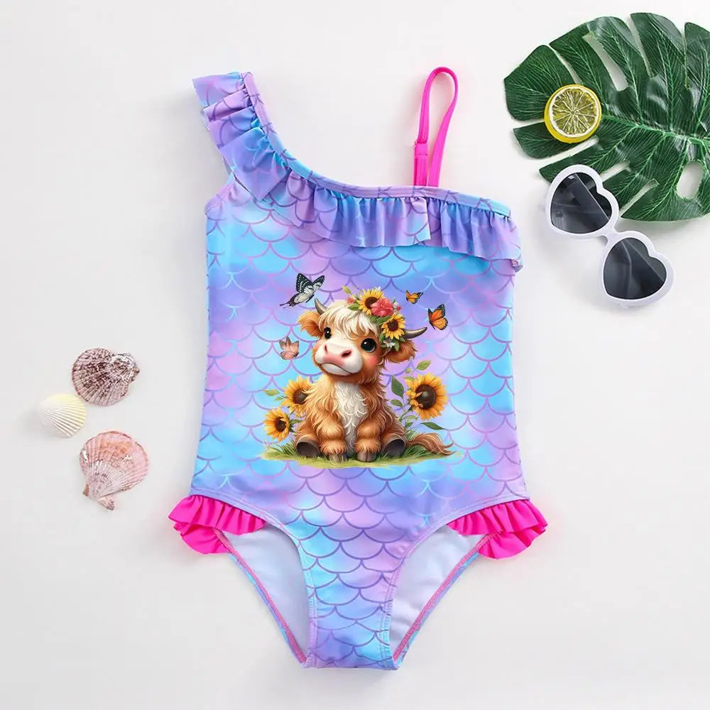 Girls' "Mermaid Heart" One-Piece Swimsuit: Colorful Scale Pattern with Asymmetric Ruffles