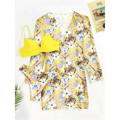 Three Pieces Bikini Set Cover Up Women 2023 New Push Up Twist Swimsuit Print Long Sleeve Swimwear Biquini Bathing Suit Summer