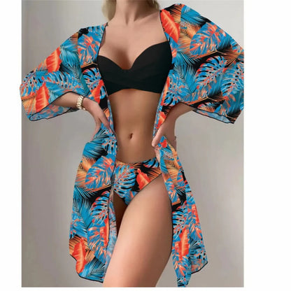 Three Pieces Bikini Set Cover Up Women 2023 New Push Up Twist Swimsuit Print Long Sleeve Swimwear Biquini Bathing Suit Summer