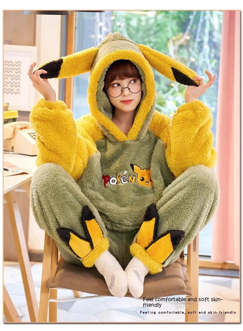 Pokemon Anime Pikachu Pajamas Hooded Women Cartoon Thickened Winter Plush Kawaii Nightgown Suit Two Home Clothing Christmas Gift