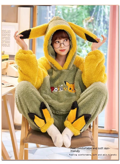 Pokemon Anime Pikachu Pajamas Hooded Women Cartoon Thickened Winter Plush Kawaii Nightgown Suit Two Home Clothing Christmas Gift