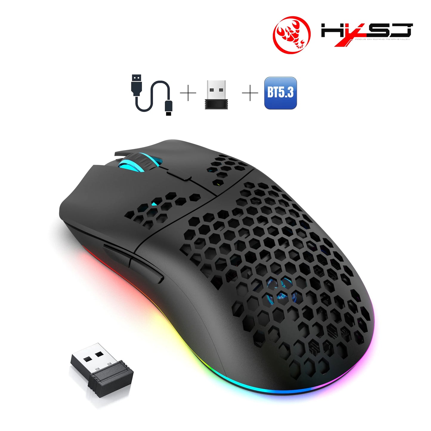 HXSJ T66 3-mode 10000DPI gaming wireless mouse RGB luminous 650mAh rechargeable 6 buttons macro programmable mice for pc desktop
