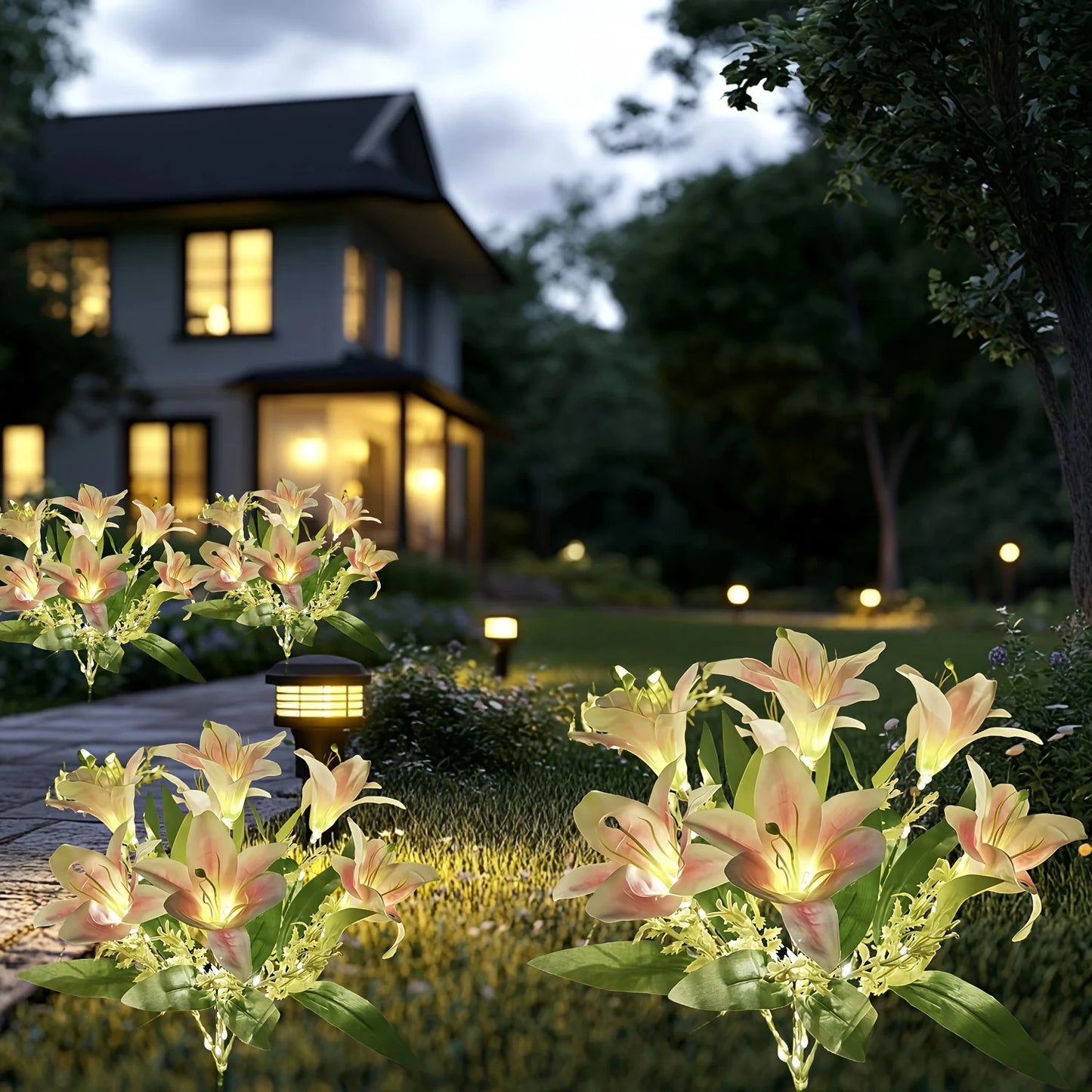 Auto Solar Lily Garden Lights (7 Heads) - Waterproof LED Outdoor Flower Decor for Yard, Pathway, Camping, Wedding | Ground Spike