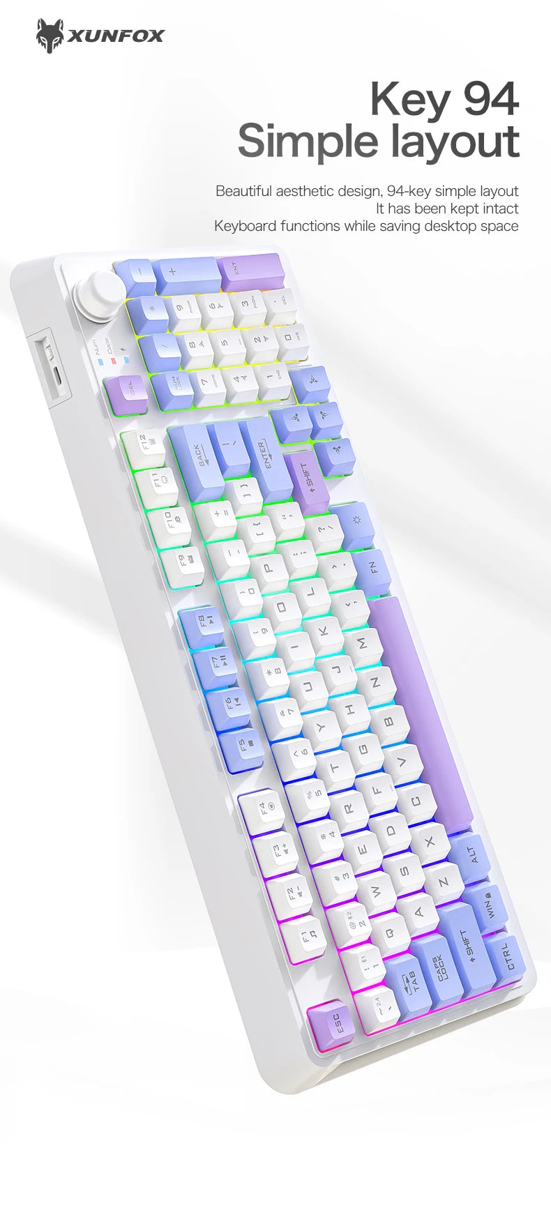 K94 Wireless Gaming Keyboard, BT 5.0/2.4GHz With Dual Mode 2-in-1 Receiver, 95 Keys TKL Rainbow LED Backlit Quiet Keyboard For
