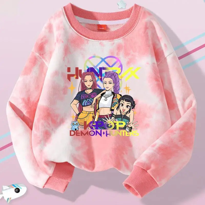 K-Pop Hunters Zoey Mira Rumi Tie-dyed Sweatshirt for Girl Pullover Crew Neck Child Sportwear Long Sleeve Cartoon Kids Tops