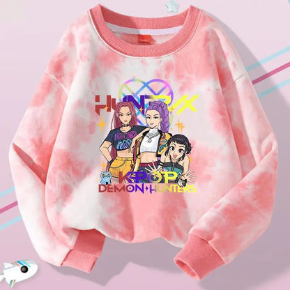 K-Pop Hunters Zoey Mira Rumi Tie-dyed Sweatshirt for Girl Pullover Crew Neck Child Sportwear Long Sleeve Cartoon Kids Tops