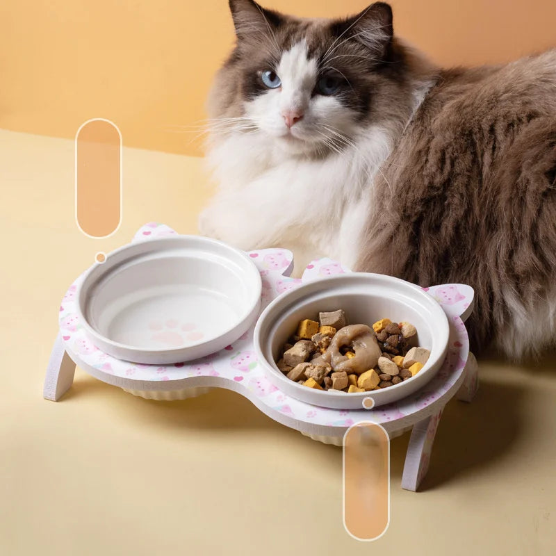 3pcs/set (1pc rack + 2pcs bowl) Non-Slip Ceramic Double Pet Food Bowl for Cats and Dogs - Prevents Spills and Slips