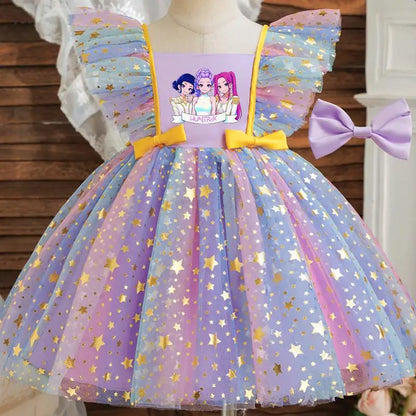 Girls' K-Pop HUNTRX "Holiday Star" Tutu Dress: Rainbow Tulle Gown with Gold Sequins & Ruffle Wings