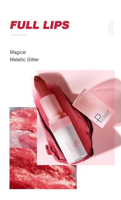 Pudaier Shimmery Diamond Lipstick: 10 Shades of Waterproof Glitter & Metallic Shine