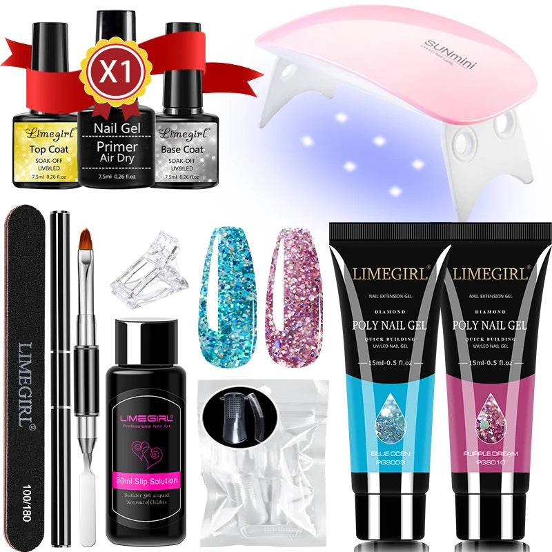 LIMEGIRL 15ml Nail Extension Gel Set with UV LED Light Nail Thickening Sequin Glitter Gel Set Vernis Semi-Permanent Manicure Kit