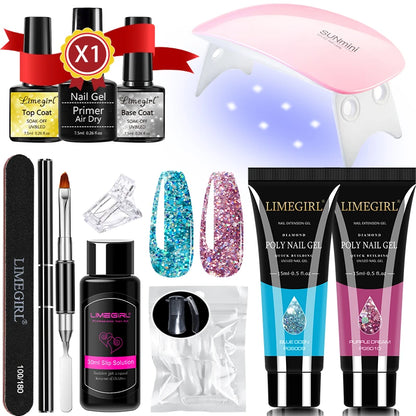 LIMEGIRL 15ml Nail Extension Gel Set with UV LED Light Nail Thickening Sequin Glitter Gel Set Vernis Semi-Permanent Manicure Kit