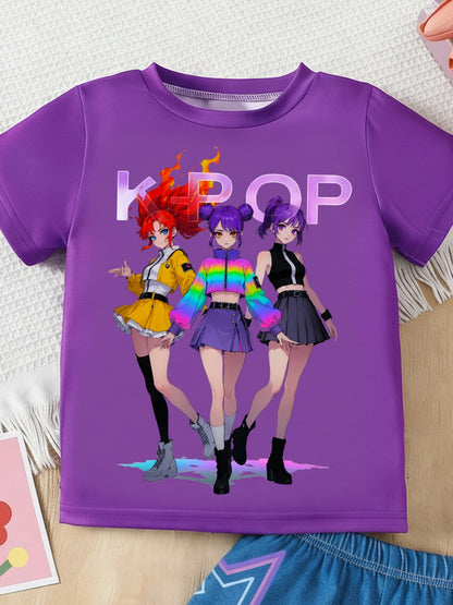 Girls' K-Pop Anime Star 2-Piece Set: Purple Graphic Tee & Ruffle Denim-Style Shorts