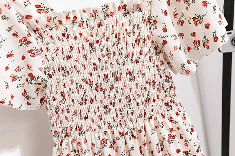 Floral Chiffon Smocked Midi Dress: Butterfly Sleeve Square Neck A-Line Gown