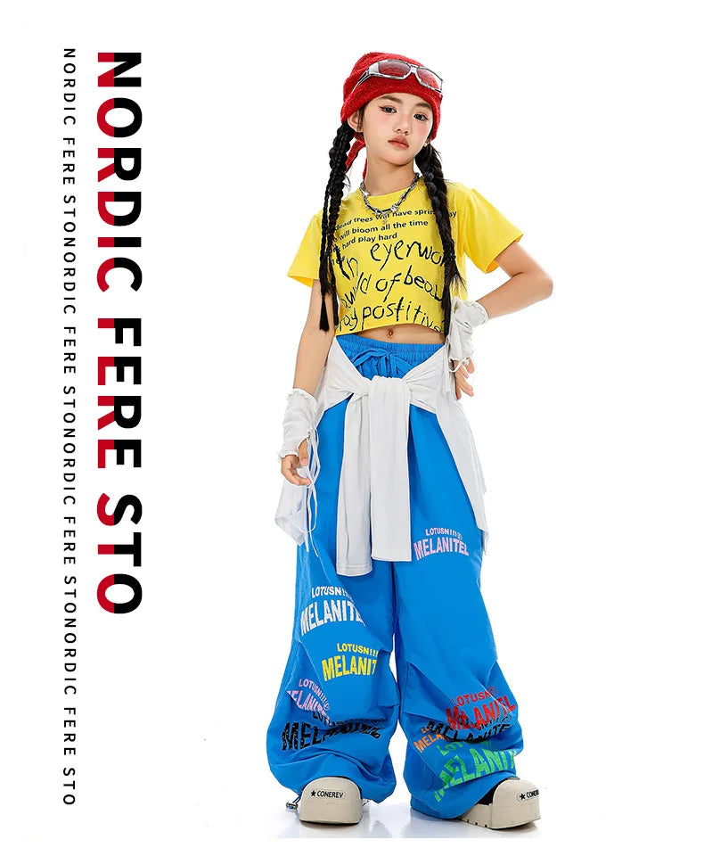 Girls Hiphop Group Jazz Dance Performance Clothes Loose Short Sleeve Top Pants Street Dance Costumes Wear
