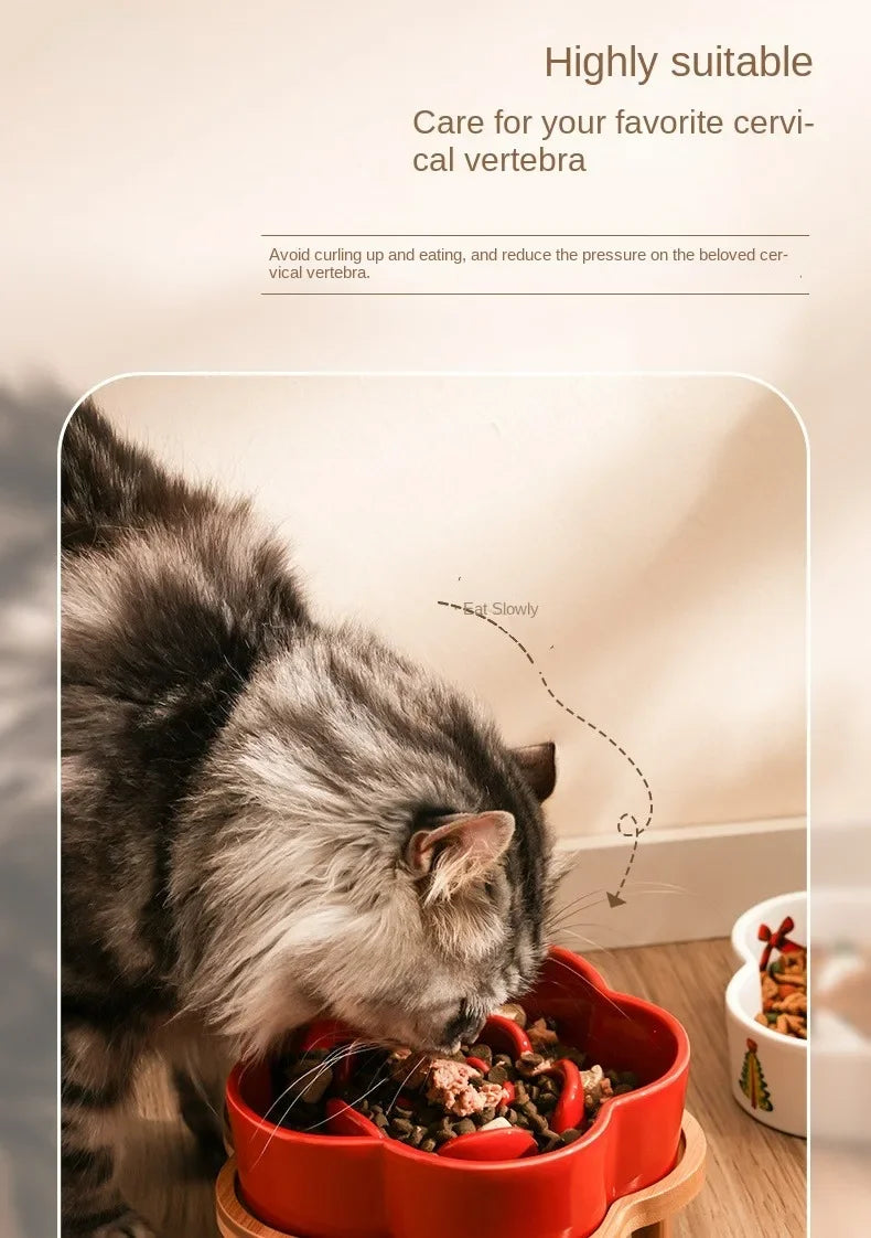 Ceramic Slow Food Bowl Anti-choking Cat Feeding Basin To Prevent Black Chin Small Dog Cat Neck Guard Wooden Frame Slow Food Bowl