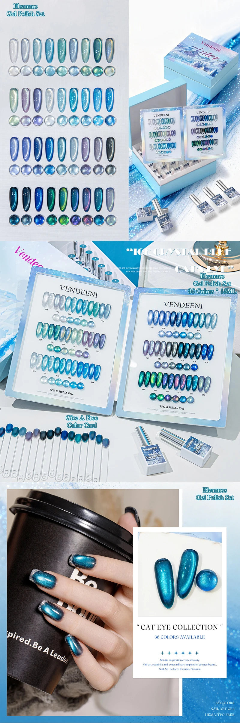 Cat Eye Gel Nail Polish 36 Colors Glacier & Island Blue Trendy Super Bright Glass Bead High Shine Long Lasting Soak Off UV LED