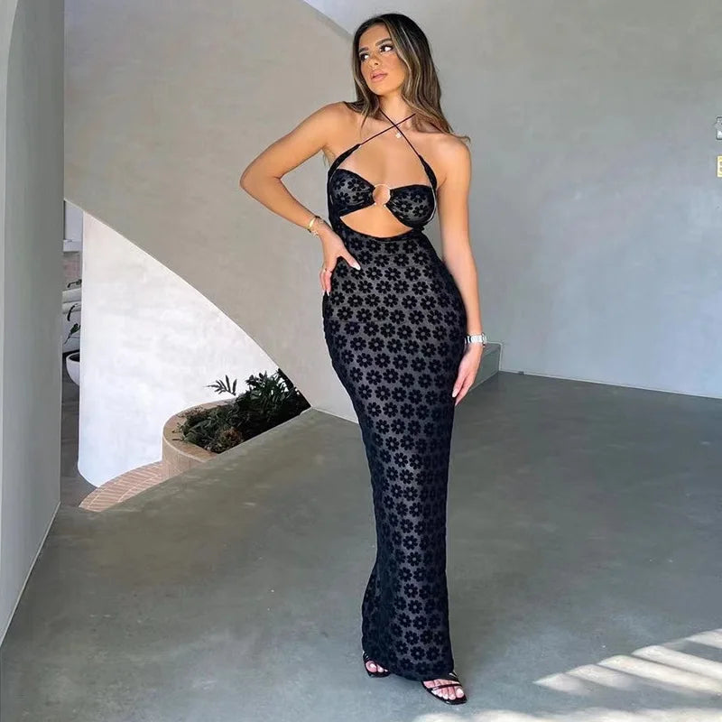 Solid Color Hanging Neck Maxi Dress Sexy Hollow Women Perspective Bag Hips Robe Female Street Trendy Dresses Clothing