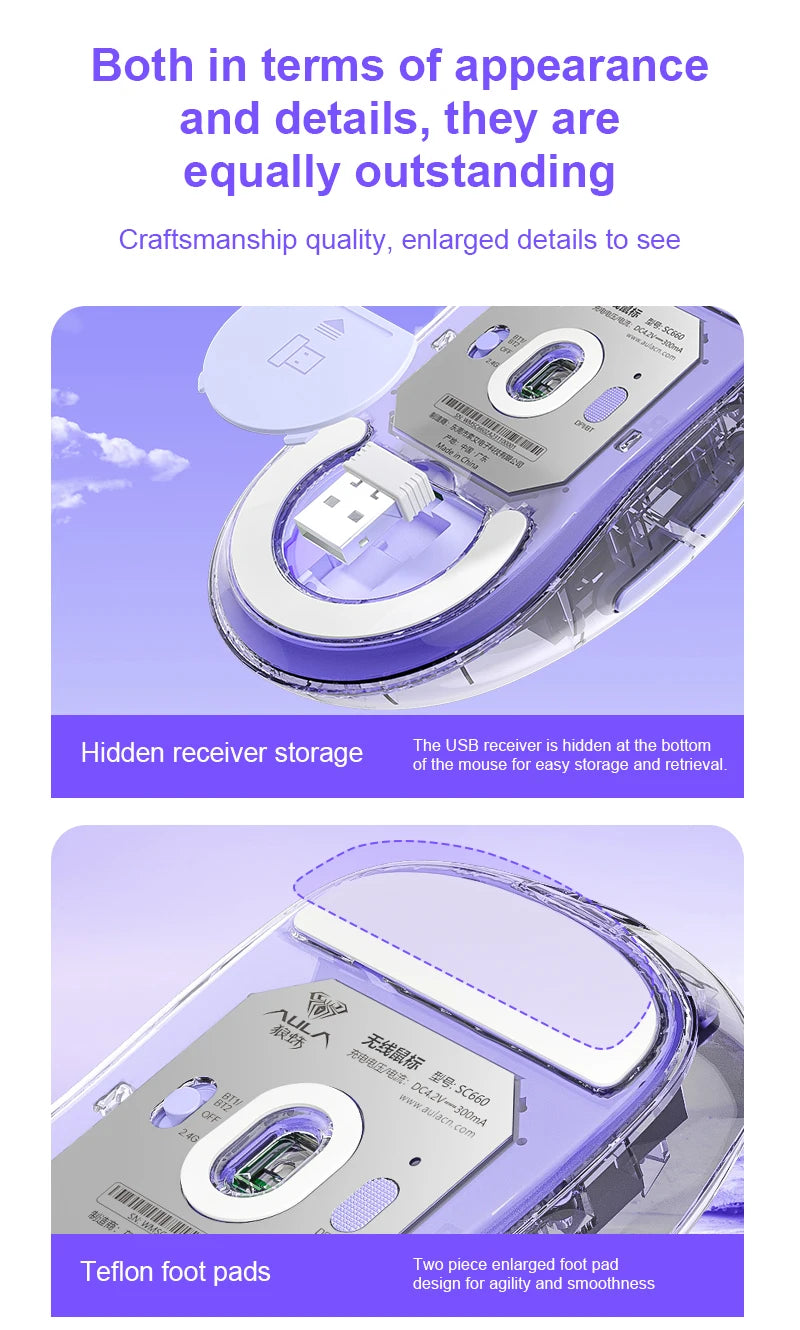 AULA SC660 Wireless Bluetooth Mouse E-sports Mouse Three-Mode Connection Lightweight Mouse Type-C Charging Game Office Girls Boy