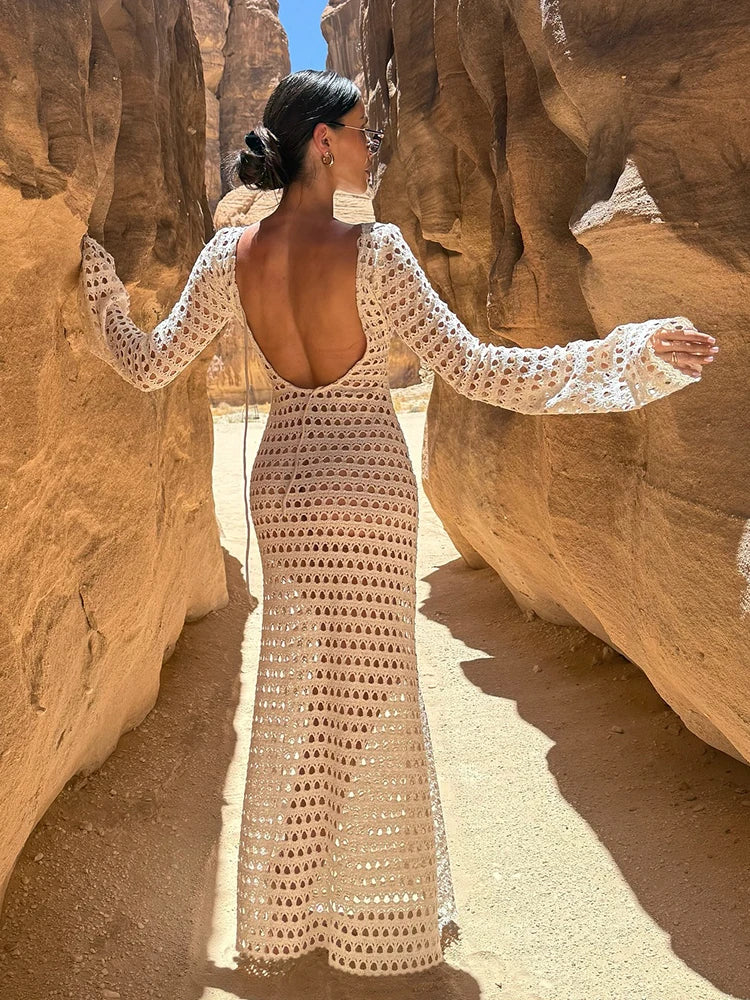Sexy Knit Mesh Backless Long Bell Sleeve Beach Maxi Dress 2026 Women's Summer Slim Outfits Vacation Swimsuit Cover Up Tunic K205