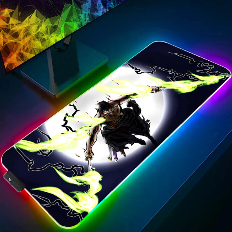 ONE PIECE Zoro RGB Mouse Pad Anime Carpe Large PC Gamer Computer LED Mausepad Keyboard Gaming Accessories Backlight Desk Mat XXL
