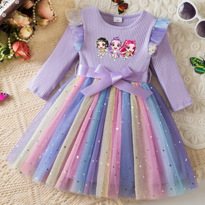 K-Pop Hunters Zoey Mira Rumi Colorful Princess Dress for Kids Girls Casual Long Sleeve Sequin Mesh Dresses Party Gift 1-5Y