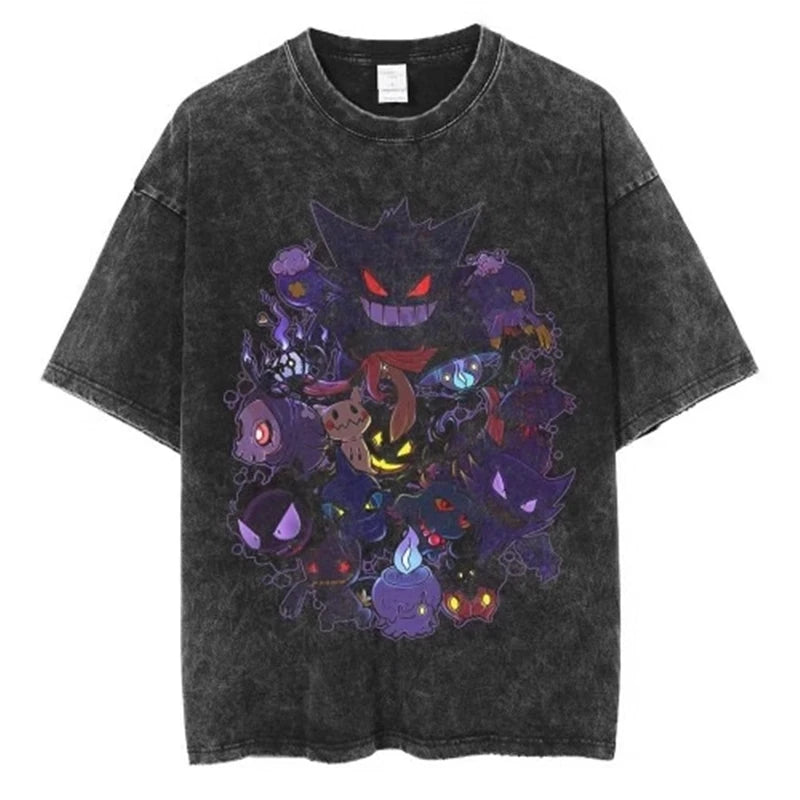 Pokemon Anime Retro Washed T-shirt Cotton Men's and Women's Summer New Item Plus Size T-shirt Y2K Loose Casual Short Sleeved Top