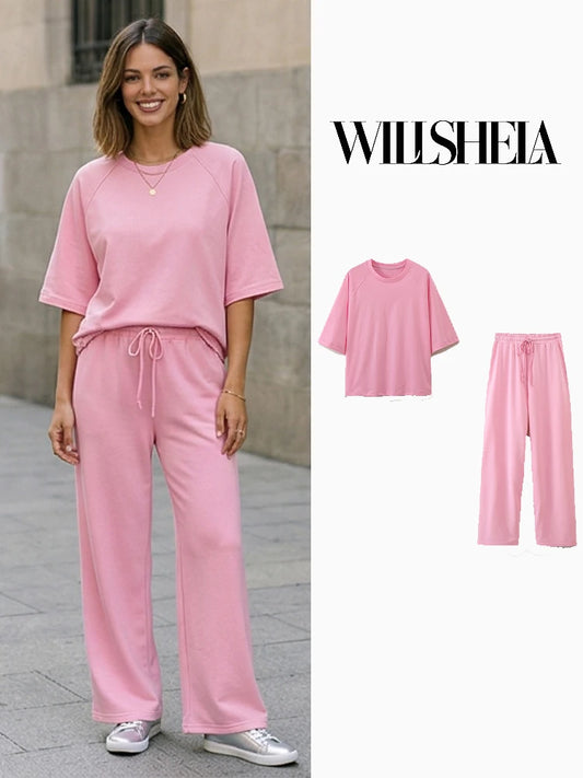 Willshela Women Fashion 2 Piece Set Solid T-Shirts & Vintage High Elastic Waist Trousers Feamle Chic Lady Pants Sets