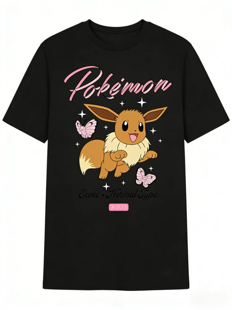Bandai New Pokemon Genie Eevee Butterfly Print High Quality Fashion Men's Short Sleeve Parent-Child Loose Comfortable T-Shirt