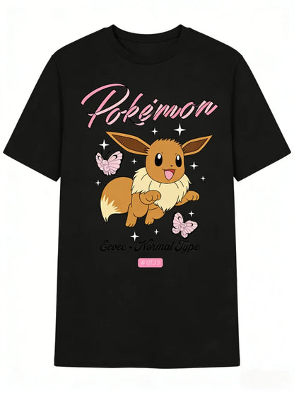 Bandai New Pokemon Genie Eevee Butterfly Print High Quality Fashion Men's Short Sleeve Parent-Child Loose Comfortable T-Shirt
