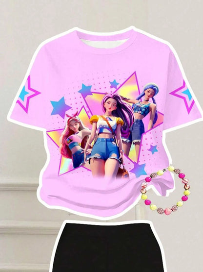 Girls' K-Pop "Nova Star" 2-Piece Set: Pink Idol Graphic Tee & Black Flare Pants