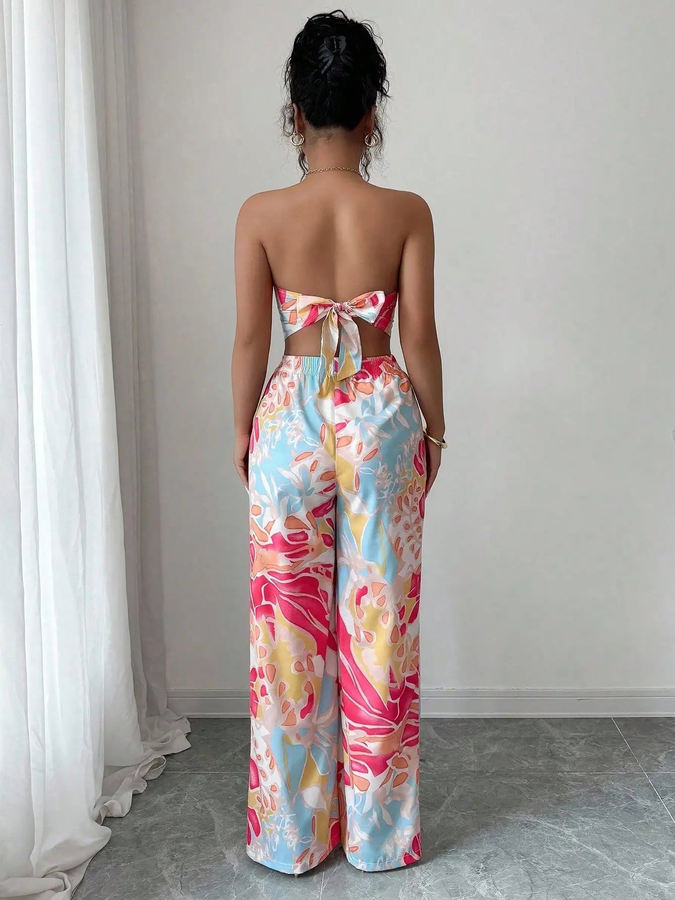 2pcs Set Halter Tie Bow Crop Top And Wide Leg Printed Pants For Women