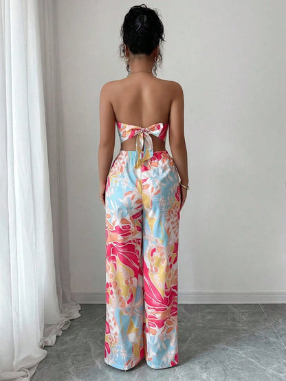 2pcs Set Halter Tie Bow Crop Top And Wide Leg Printed Pants For Women