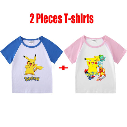 1/2 Pieces Pokemon Cartoon Tees For Boys Clothing Summer Children 100% cotton Short Sleeve T-shirts Printed T-shirt for girls