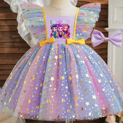 Girls' K-Pop HUNTRX "Holiday Star" Tutu Dress: Rainbow Tulle Gown with Gold Sequins & Ruffle Wings