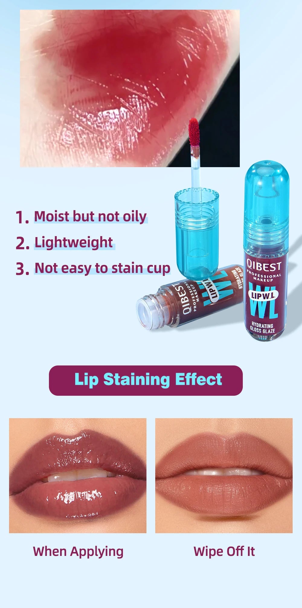 1PC mirror lip gloss, moisturizing, lightweight, non greasy, long-lasting luster, non stick to cup lip gloss