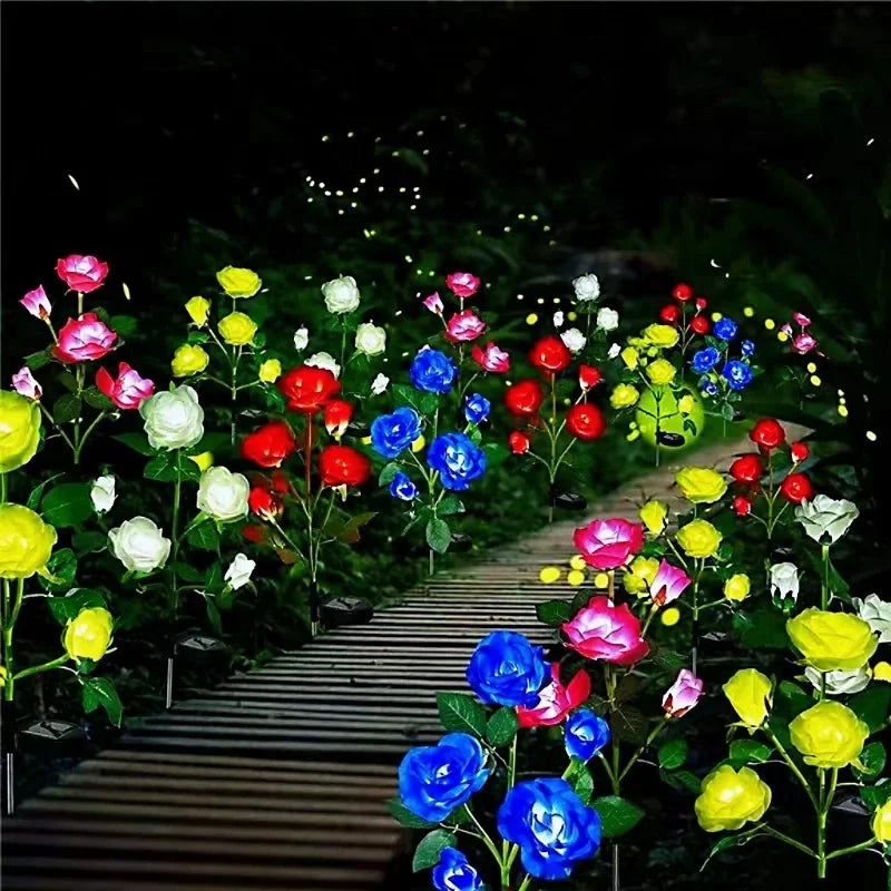 Simulation 5 Heads Rose Lamp Solar LED Lawn Lamp Decor Garden Wedding Parterre Party Camping Outdoor Yard Patio Ground Lights