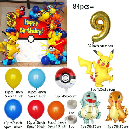 84pcs Pikachu Party Balloons Garland Arch Kit Pokemon Theme Birthday Party Decor Supplies Pikachu Squirtle Bulbasaur Pocket Ball