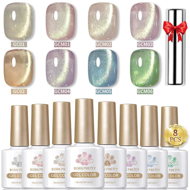 BORN PRETTY 8Pcs Glitter Cat Magnetic Nail Gel Polish Set Moonlight Transparent Summer Semi Permanent UV Gel Soak Off Nail Gel