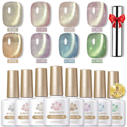 BORN PRETTY 8Pcs Glitter Cat Magnetic Nail Gel Polish Set Moonlight Transparent Summer Semi Permanent UV Gel Soak Off Nail Gel