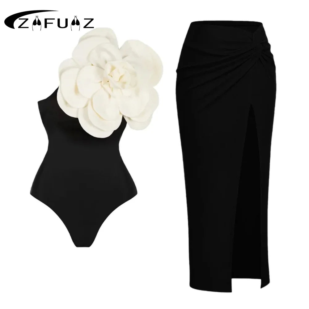 2024 Sexy Women's Swimsuit with Skirt One-Piece Swimwear Vintage Ruffle V Neck Cover Up Bikinis Set Beachwear Bathing Suit