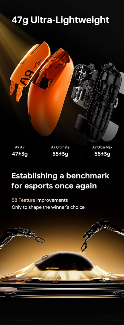 ATK A9 Air Ultimate Wireless Gaming Mouse Tri-Model Dual 8KHz PAW3950UItra 800mAh 42000DPI 750IPS Lightweight Ergonomic E-sports