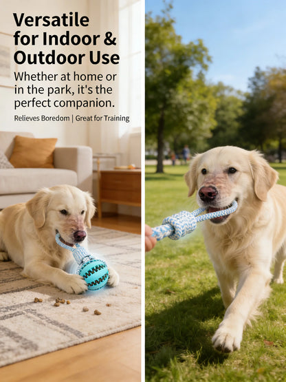 2-in-1 Dog Chew Toy with Treat Dispenser Durable Cotton Rope Natural Rubber Ball for Small Medium Dogs Teeth Cleaning