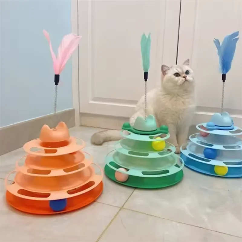 Interactive Cat Toy Tower Kitten Turntable Track Roller Balls Toys With Feather Pets Supplies Toy For Cat Tower