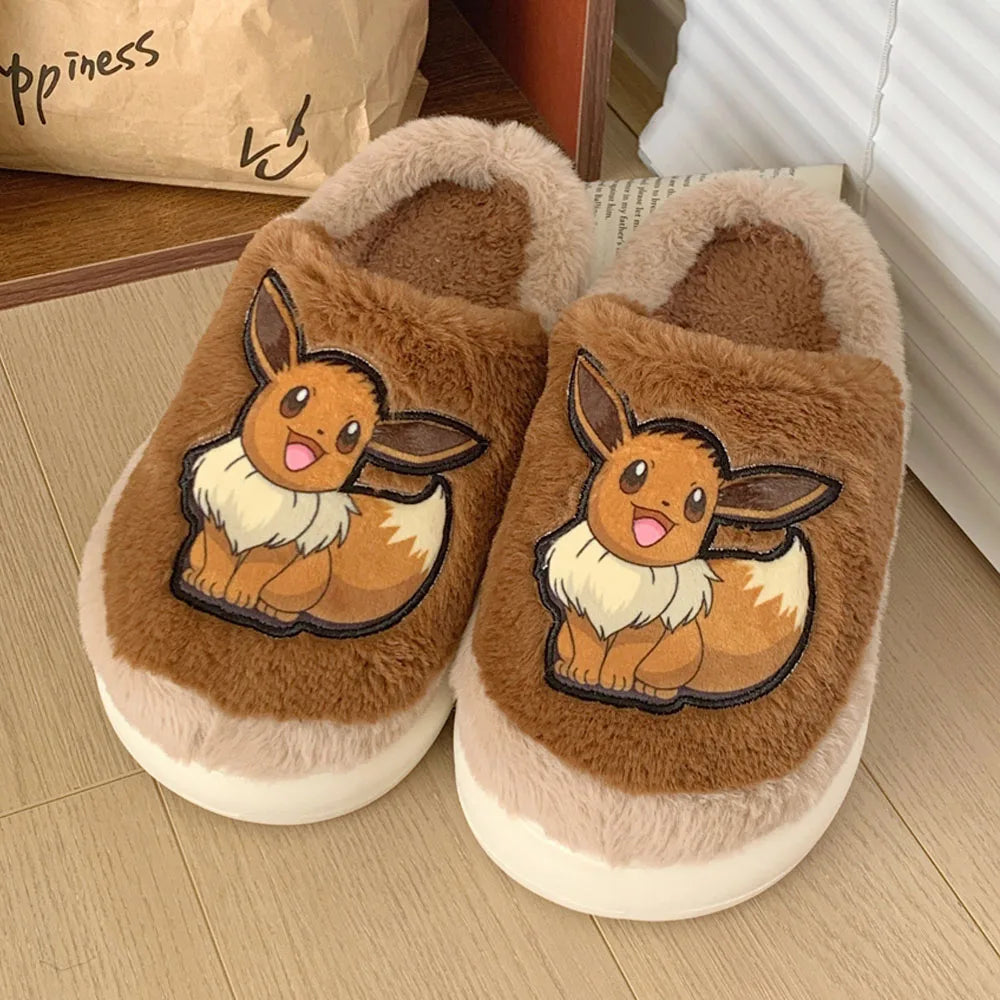 Pokemon Anime Couple Slippers Cute Pikachu Eevee Cartoon Cotton Home Shoes for Men And Women with Velvet Insulation Winter Gifts