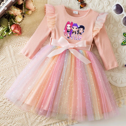 K-Pop Hunters Zoey Mira Rumi Colorful Princess Dress for Kids Girls Casual Long Sleeve Sequin Mesh Dresses Party Gift 1-5Y