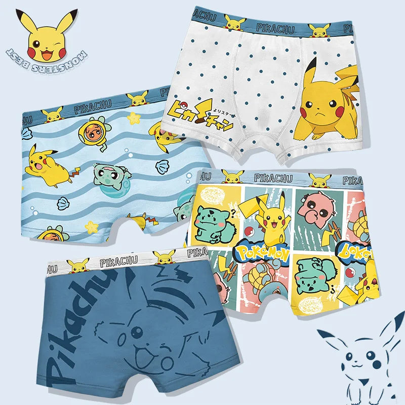 4-Piece Set Pikachu Boys' Underwear Pure Cotton Children'S Flat Corner Pants Summer Thin Spring Cartoon Cute Shorts