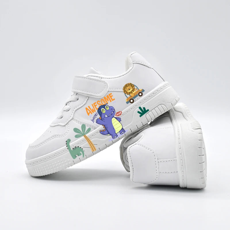 Kids' "Awesome Dino" White Sneakers: Lightweight Breathable Sport Shoes with Hook & Loop