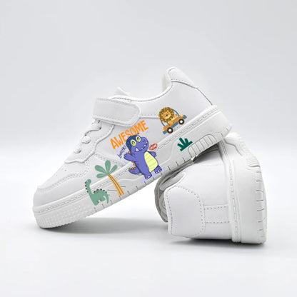 Kids' "Awesome Dino" White Sneakers: Lightweight Breathable Sport Shoes with Hook & Loop