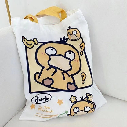 Pikachu Pokemon Canvas Tote Kawaii Psyduck Cute Autumn/Winter Daily Portable Handbag Shopping Grocery Reusable School Gifts ﻿