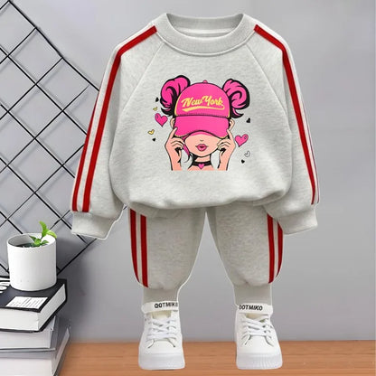 2026 Spring New Style Children's Tracksuit Printed Kids O Neck Hoodies and Long Pant Two Piece Girls Casual Sweatshirts Sets